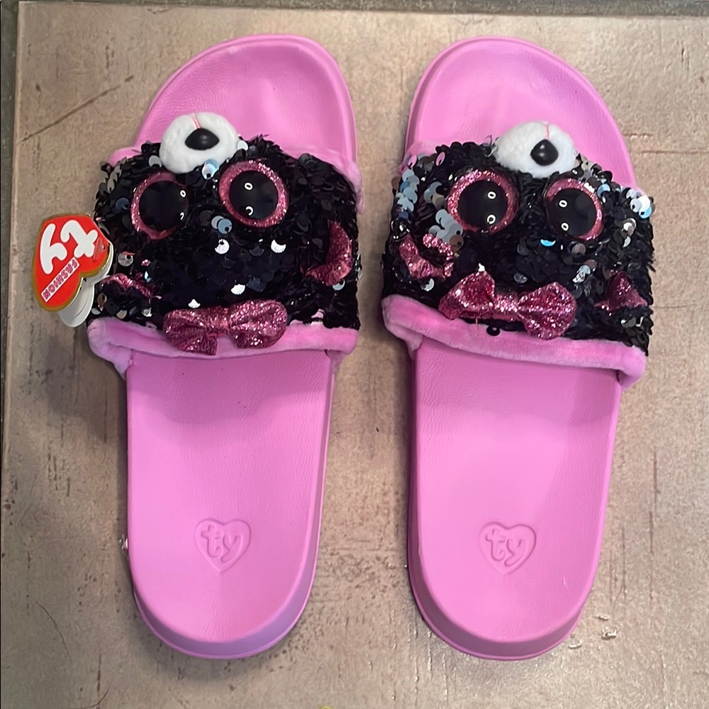 Ty Pink and Black Slippers with Decorative Strap